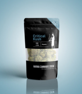 Packaging Infiorescenze di Erba Light Critical Kush by Narnia Cannabis Crew, con aroma nocciolato e alto CBD.