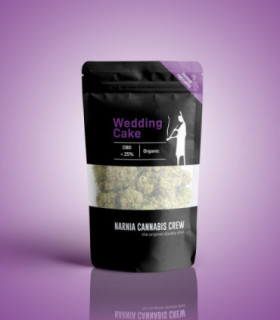 Packaging Infiorescenze di Wedding Cake erba light selezionate da Narnia Cannabis Crew con alti contenuti di CBD