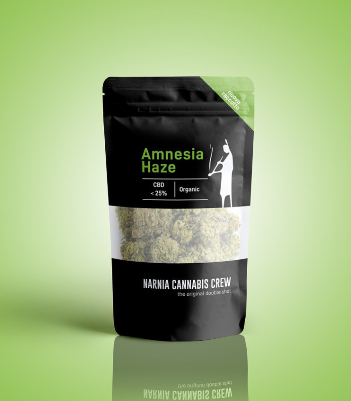 Packaging Infiorescenze di Amnesia Haze erba light prodotta da Narnia Cannabis Crew. Alto contenuto di CBD
