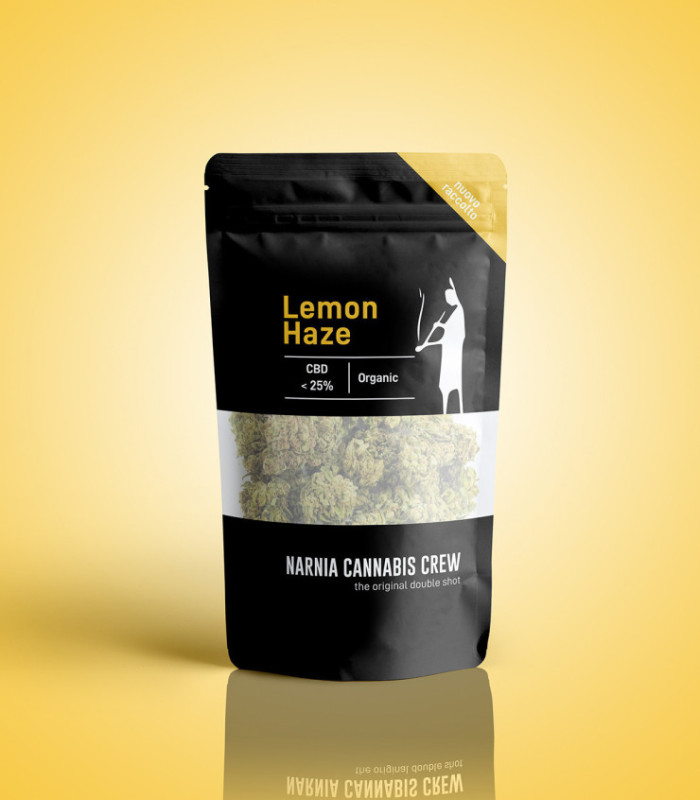 Packaging infiorescenze di Lemon Haze erba light CBD selezionate da Narnia Cannabis Crew, la più potente