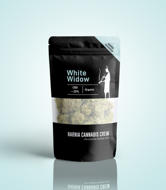 Packaging Infiorescenze di White Widow erba light CBD selezionate da Narnia Cannabis Crew, la migliore marijuana light