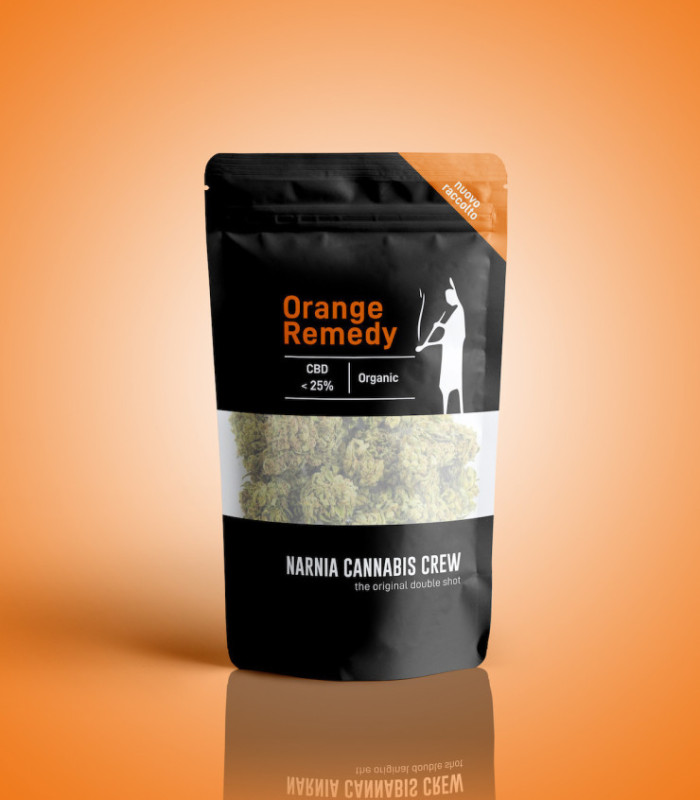 Packaging infiorescenze di Orange Remedy Erba light CBD selezionate da Narnia Cannabis Crew, con aroma fresco e sapore intenso.