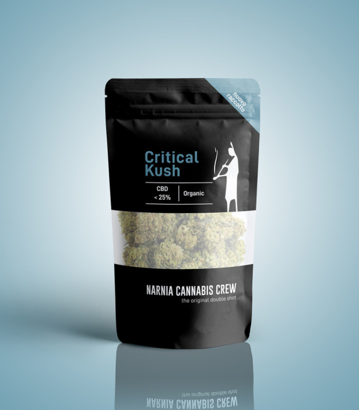 Pacchetto Critical Kush Cannabis light CBD di Narnia Cannabis Crew, con aroma fresco e sapore intenso.