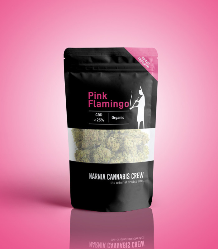 Pacchetto Pink Flamingo Cannabis light CBD di Narnia Cannabis Crew, con aroma fresco e sapore intenso.