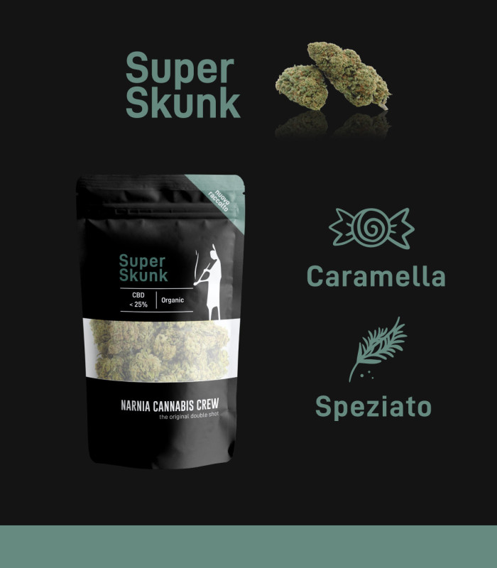 Infografica infiorescenze di Super Skunk Erba light CBD selezionate da Narnia Cannabis Crew, con aroma speziato e intenso.