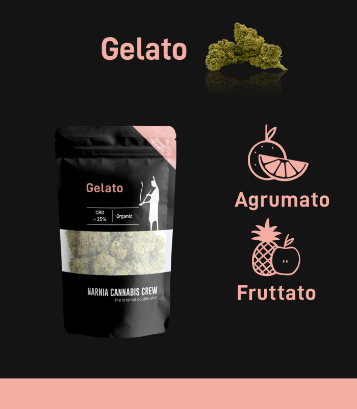Infografica infiorescenze di Gelato cannabis light CBD selezionate da Narnia Cannabis Crew con aroma fruttato