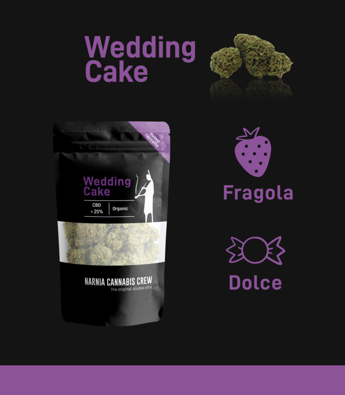 Infografica infiorescenze di Wedding Cake erba legale selezionate da Narnia Cannabis Crew, con aroma dolce e sapore intenso.