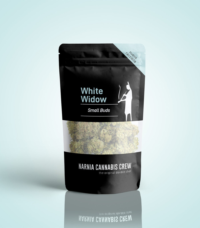 Packaging small Buds e pop corn di canapa legale White Widow. I migliori fiori piccoli di cannabis light
