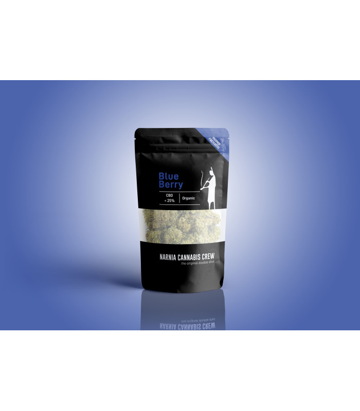 Packaging Infiorescenze di Blue Berry erba light selezionate da Narnia Cannabis Crew, la migliore marijuana light in Italia