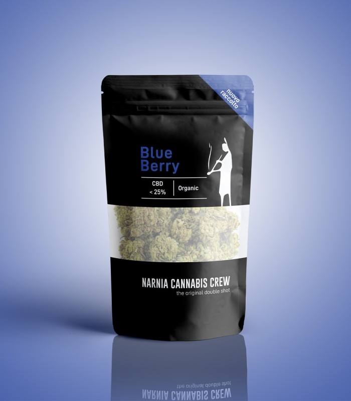 Packaging Infiorescenze di Blue Berry erba light selezionate da Narnia Cannabis Crew, la migliore marijuana light in Italia
